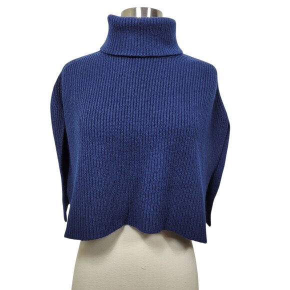Cecile Wang Women’s Blue Ribbed Turtleneck Cropped Poncho One Size - Picture 1 of 7